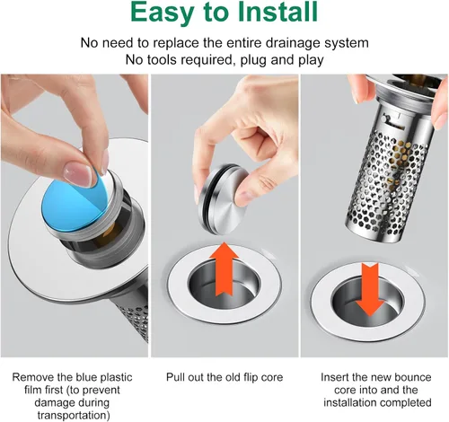 Vista 4 de Colador de drenaje para lavabo de baño, tapón emergente para lavabo atrapa cabellos, cesta de filtro de drenaje de acero inoxidable Ysilver-2