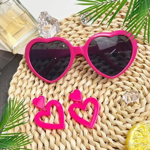 Vista 5 de Aretes colgantes de doble corazón para mujer y lentes de sol en forma de corazón, accesorios elegantes para fanáticos de la joyería