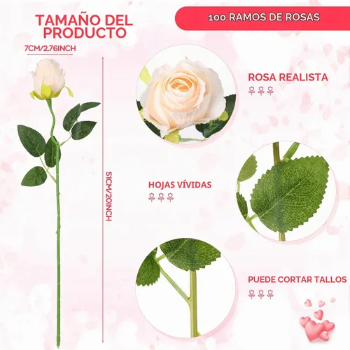 Vista 2 de Jexine 100 piezas de rosas artificiales a granel, ramo de rosas de seda falsas realistas de tallo largo para centros de mesa, jarrones, bodas, Beige