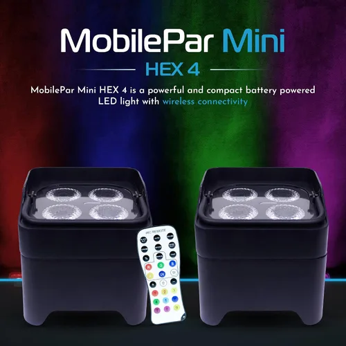 Vista 2 de ColorKey MobilePar Mini Hex 4 inalámbrico alimentado por batería RGBAW+UV Uplight DJ Light (CKW-6020B)