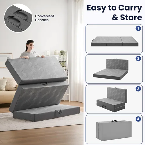 Vista 8 de Colchón plegable de espuma viscoelástica de 6 pulgadas, color gris Colchón plegable tamaño Queen, sofá cama plegable con funda lavable, colchón