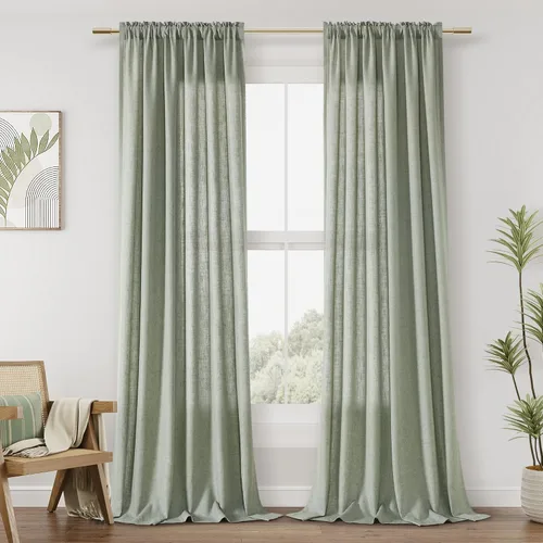 Vista 72 de Cortinas de lino verde aguamarina de 84 pulgadas de largo, juego de 2 paneles semitransparentes con bolsillo para barra para comedor, decoración