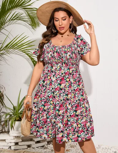 Vista 2 de KOJOOIN Vestido fruncido de talla grande para mujer, cuello redondo, manga corta, cintura alta, escalonado, casual, vestido midi de verano