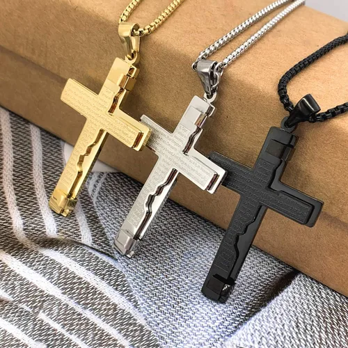 Vista 5 de EZUY GNAY Collar con colgante de cruz de acero inoxidable de oración del Señor cadena de cruz de religión regalo inspirador para hombres y mujeres
