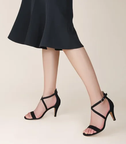 Vista 5 de Ankis Tacones negros dorados y negros con tiras cruzadas para mujer, sandalias de tacón de aguja de 3 pulgadas, sandalias de punta abierta
