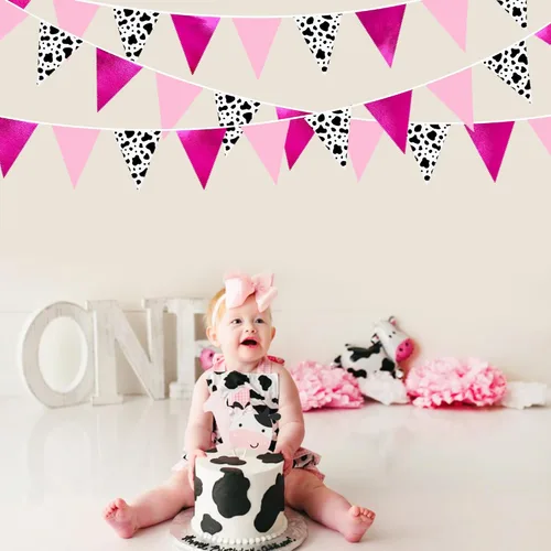 Vista 6 de Decoraciones de fiesta de vaquera de 32 pies con estampado de vaca rosa intenso, bandera triangular, banderines de tela, banderines para vaqueras