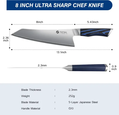 Vista 2 de FINTISO - Cuchillo de chef de 8 pulgadas, cuchillo de cocina de gama alta con mango G10, cuchillo de cocina profesional de acero inoxidable japonés