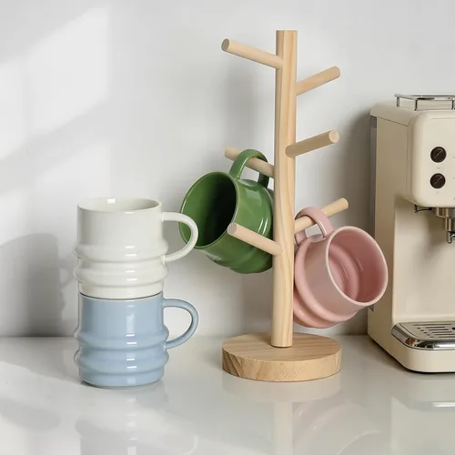 Vista 9 de Juego de 4 tazas de café de cerámica, tazas de café acanaladas onduladas 3D