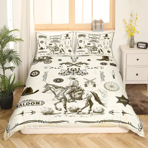 Vista 3 de Juego de funda de edredón de vaquero para niños, tamaño individual, juego de ropa de cama tribal bohemio exótico de 2 piezas para niños Vaquero 04