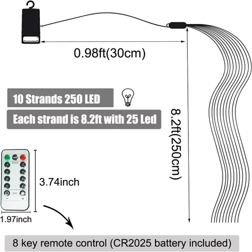 Vista 4 de Guirnalda de luces estrelladas, 250 LED, 1 paquete de luces de hadas decorativas impermeables centelleantes, 8 modos de luces de cascada de rama