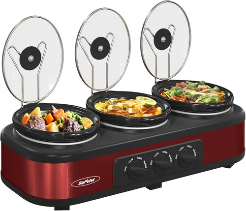 Vista 5 de Sunvivi Horno asador y triple olla de cocción lenta, tostador de pavo de 24 cuartos con función única de descongelación/calor, rojo, 3 ollas