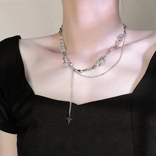 Vista 25 de Y2k - Collar irregular con dije de estrella, piedra de luna, diseño de cadena de moda, joyería de plata picante para mujer