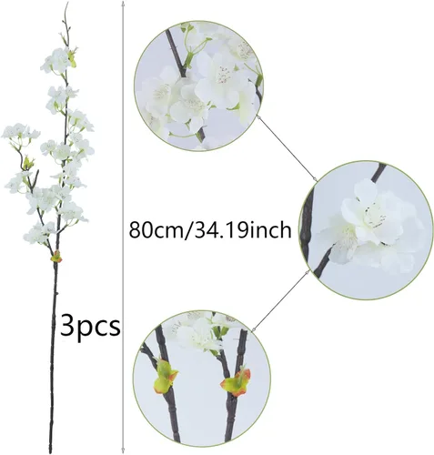 Vista 2 de CITYES 3 piezas de ramas artificiales de cerezo, flores de durazno de seda blanca, arreglo de ramas de primavera de imitación a granel, tallos