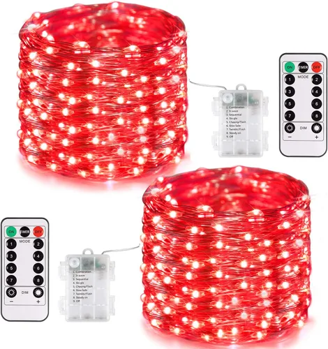 Vista 32 de JMEXSUSS Paquete de 2 Luces de Hadas Verdes a Batería, Total 200 LED 66 pies Luces de Cadena Parpadeantes con Control Remoto, 8 Modos de Luces