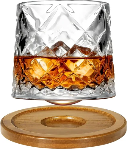 Vista 20 de Vaso de vidrio antiguo giratorio, 275ml/10oz Juego de vasos de whisky de cristal de 2 piezas, posavasos de madera, engrosamiento, utilizado como