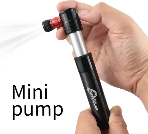 Vista 4 de Mini bomba de bicicleta - Bomba de bicicleta Presta & Schrader - Bomba de neumáticos de 90 PSI para carretera y MTB - Bomba portátil para neumáticos
