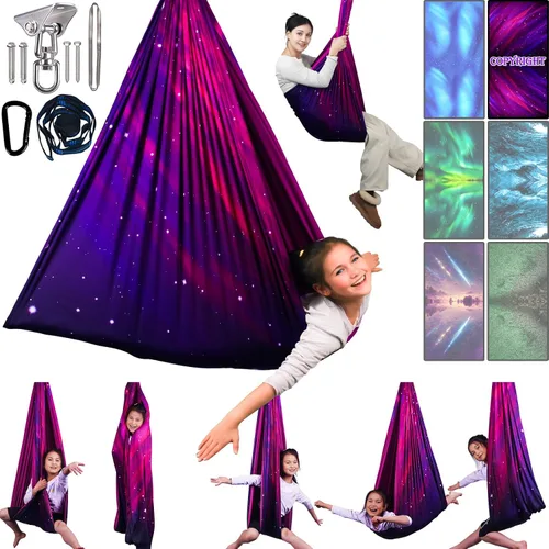 Vista 12 de Columpio sensorial para niños y adultos con capacidad para hasta 300 libras en interiores y exteriores, columpio de terapia de abrazo de doble capa