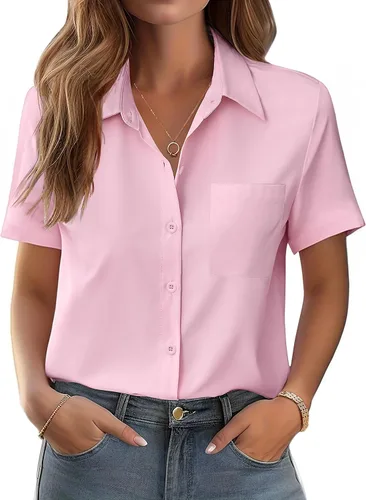 Vista 21 de Zeagoo Blusa de manga corta con botones para mujer, con bolsillo en el busto, para negocios, casual, para el trabajo, trajes de verano