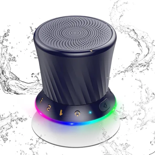 Vista 8 de Altavoz de ducha giratorio Bluetooth con luces RGB, altavoz portátil impermeable IPX5 con ventosa, mini altavoz Bluetooth 5.3 de graves profundos