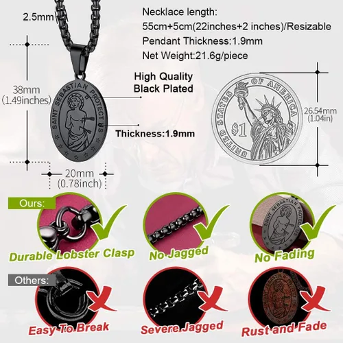 Vista 4 de FaithHeart Collar de San Sebastián, patrón de acero inoxidable, santo de atletas, medallón protector cristiano para béisbol, fútbol, baloncesto