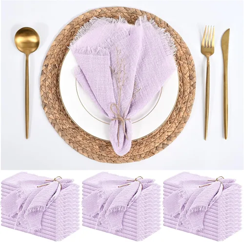 Vista 21 de Paquete de 12 servilletas de lino y algodón beige de 16 x 16 pulgadas, hechas a mano con flecos, servilletas de tela suave, lavables y rústicas