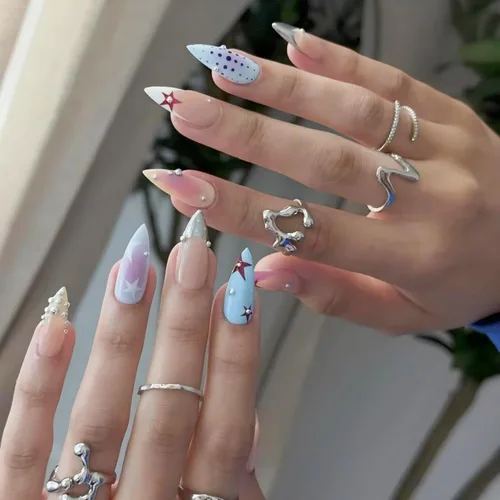 Vista 15 de Uñas postizas largas a presión, color negro, diseño francés y floral, 24