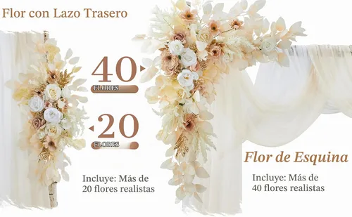 Vista 3 de Kit de flores para arco de boda con cortinas (paquete de 4) – 2 guirnaldas artificiales beige de lujo con 2 cortinas transparentes para ceremonia