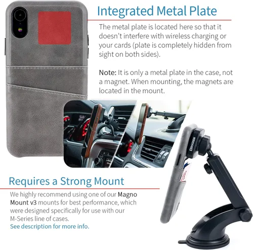 Vista 3 de Dockem Funda tipo cartera para iPhone XR (6.1"): Placa de metal integrada para montaje magnético y 2 tarjeteros (Exec M2, cuero sintético, gris)