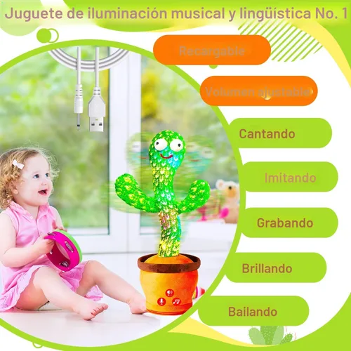 Vista 2 de Juguetes recargables para bebés, juguete de cactus que habla y baila para bebé, volumen ajustable, canto, imitación, repetición, juguetes infantiles