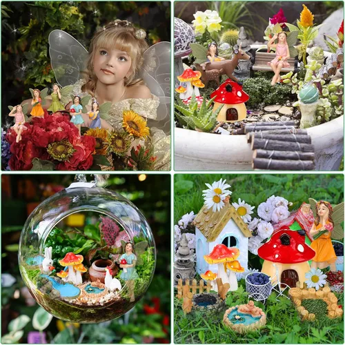Vista 4 de Unittype 19 piezas de accesorios de hadas de flores para jardín al aire libre, figuras de hadas en miniatura, puente de hongos, faro de agua, pozo