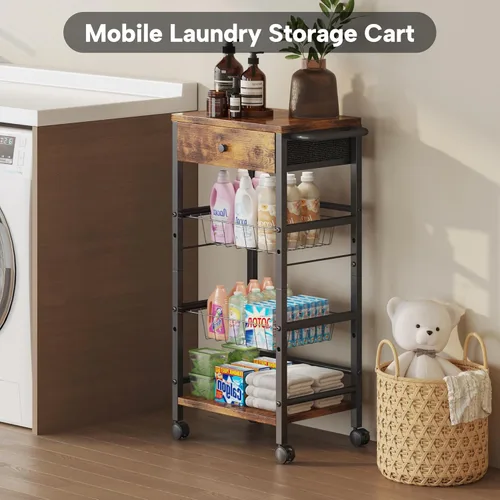 Vista 3 de Organizador de cocina y carrito de almacenamiento con cajón de tela y asa práctica, carrito organizador de aperitivos con 2 cestas extraíbles y 2