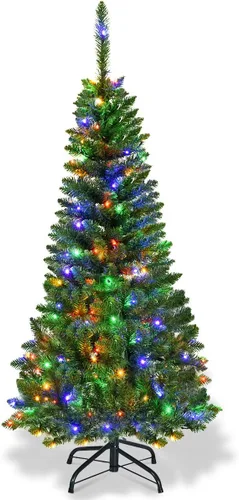 Vista 25 de GOFLAME Árbol de Navidad preiluminado de 5 pies, árbol de Navidad artificial con 180 luces LED, 10 modos de luz, 390 puntas de rama, soporte