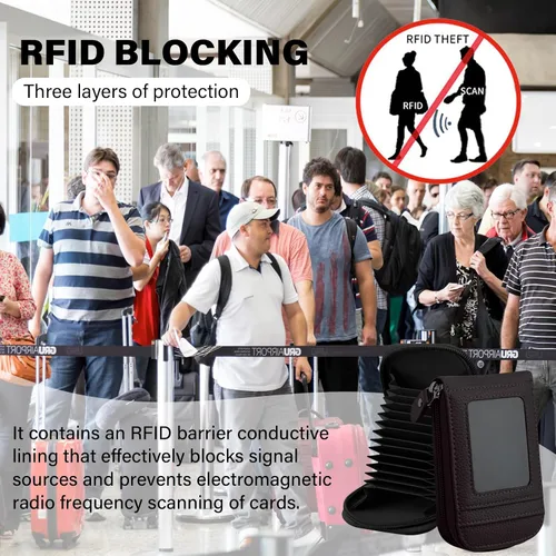 Vista 16 de RFID mini organizador de tarjetas de crédito, cuero auténtico, billetera compacta con visor de identificación, S, Negro