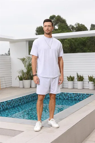 Vista 2 de Lexiart Conjunto de 2 piezas para hombre, chándal casual, pantalones cortos de verano, conjunto deportivo de manga corta de gran