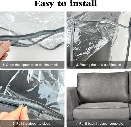 Vista 3 de 4 fundas de cojín de plástico transparente de PVC impermeable para sofá, funda de asiento contra gatos, perros, arañazos y garras, 28 x 28 x 9 Borde