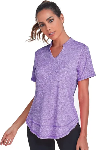 Vista 2 de Absttith Camisetas de entrenamiento de manga corta para mujer, para yoga, senderismo, secado rápido, cuello en V, camiseta deportiva con abertura