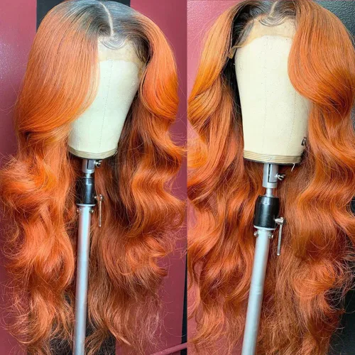 Vista 2 de YMS Pelucas de cabello humano con encaje frontal transparente color naranja degradado, pelucas de cabello humano negro y naranja, densidad del 180%