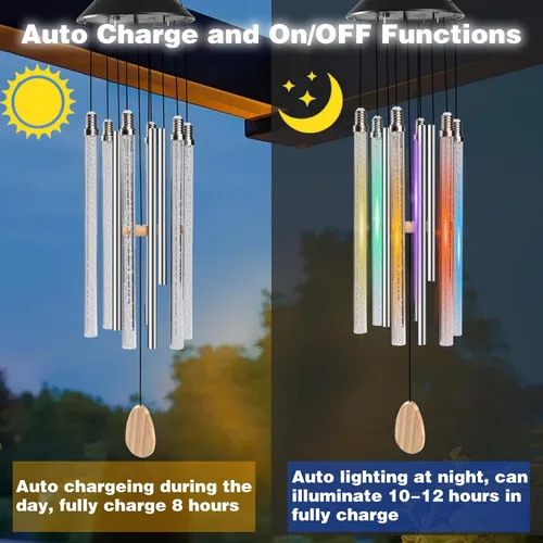Vista 3 de Bursvik Campanas de viento solares para exteriores, 6 tubos LED con 4 tubos de aluminio, campanas de viento con cambio automático de color, regalos