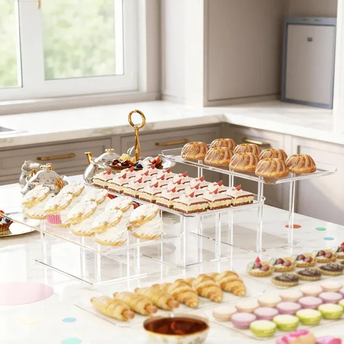 Vista 6 de HeiMma Juego de 3 Piezas para Exhibición de Mesa de Postres, Soportes Transparentes de Acrílico para Buffet, Elevador para Cupcakes, Postres