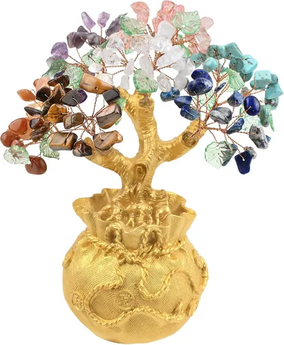 Vista 9 de Rockcloud Árbol de dinero de cristal con bolsa de dinero dorada, decoración de gabinete de Feng Shui para riqueza y suerte, adorno de bonsái