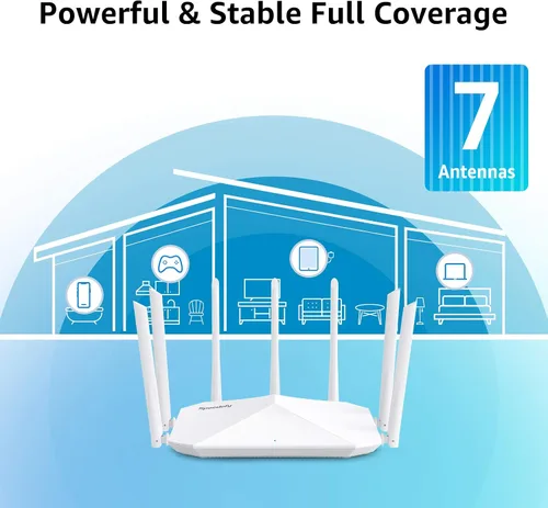 Vista 3 de Enrutador WiFi Gigabit, enrutador inalámbrico inteligente de doble banda, Speedefy AC2100 4x4 MU-MIMO y 7 antenas externas para señal fuerte y alta