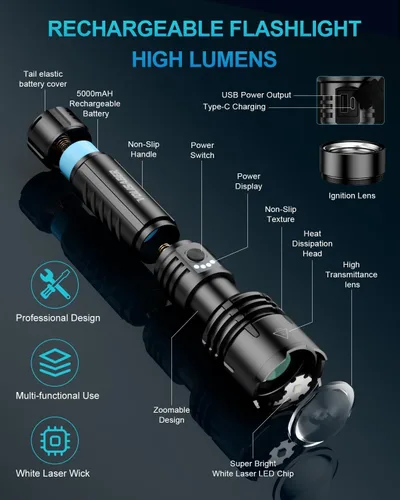 Vista 5 de Linterna de 2000 lúmenes de alta luminosidad con lente de encendido, linterna LED recargable superbrillante con zoom, 5 modos, impermeable, linterna