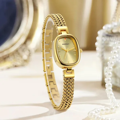 Vista 7 de BERNY Relojes pequeños de oro para mujer, impermeable, delicado, reloj de pulsera vintage para mujer, relojes analógicos de cuarzo para muñecas