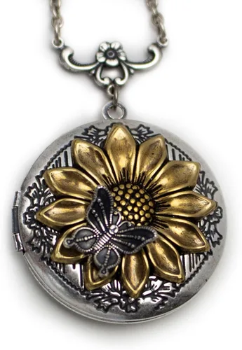 Vista 2 de Sunflower and Butterfly Locket Necklace 1.25 inch with choice of chain length