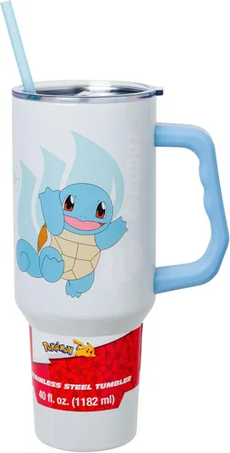 Vista 32 de Silver Buffalo Adventure Time With BMO - Vaso de acero inoxidable de doble pared con asa y pajilla, cabe en portavasos estándar, 40 onzas
