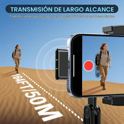 Vista 5 de EX Sistema de micrófono inalámbrico Lavalier, micrófonos de doble clip + funda de carga, rango de 164 pies Plug-and-Play para iPhone/Android Negro