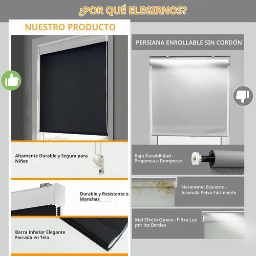 Vista 3 de Persianas enrollables opacas con cable, impermeables, de tela con aislamiento térmico, protección UV, fáciles de instalar para el hogar, oficina