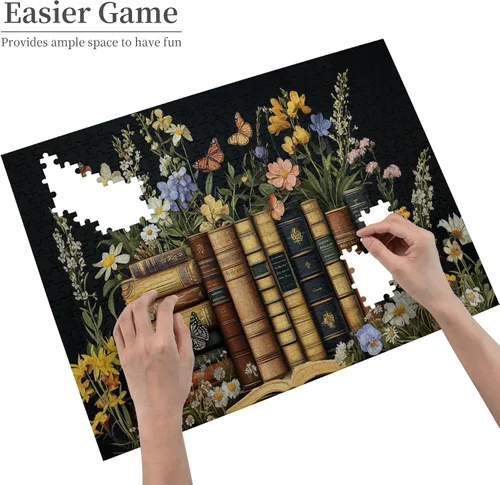 Vista 4 de Flores y libros, rompecabezas para adultos de 500 piezas, rompecabezas de madera, lluvia de ideas para adultos y decoración del hogar, ideal