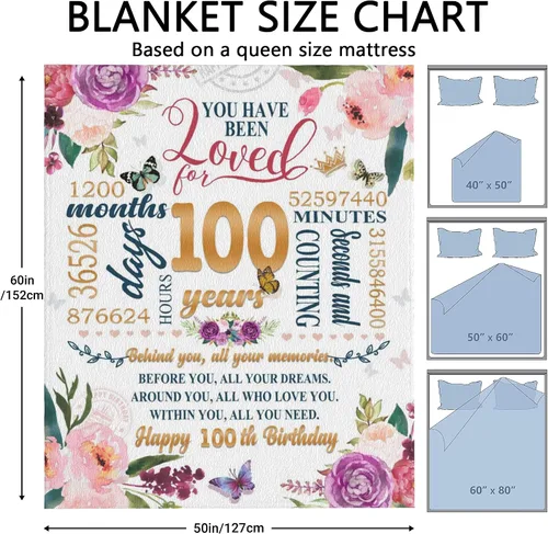 Vista 6 de Regalos de cumpleaños número 100, manta para mujer de 50 x 60, ideas de regalo de feliz cumpleaños 100, decoraciones de cumpleaños número 100