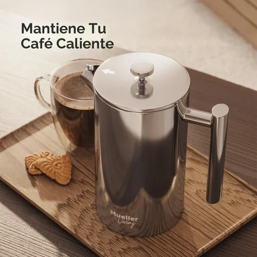 Vista 6 de Prensa francesa de doble pared, de acero inoxidable, con acabado de espejo (34 oz) 20% más resistente para café/té: Sistema multipantalla 100% sin